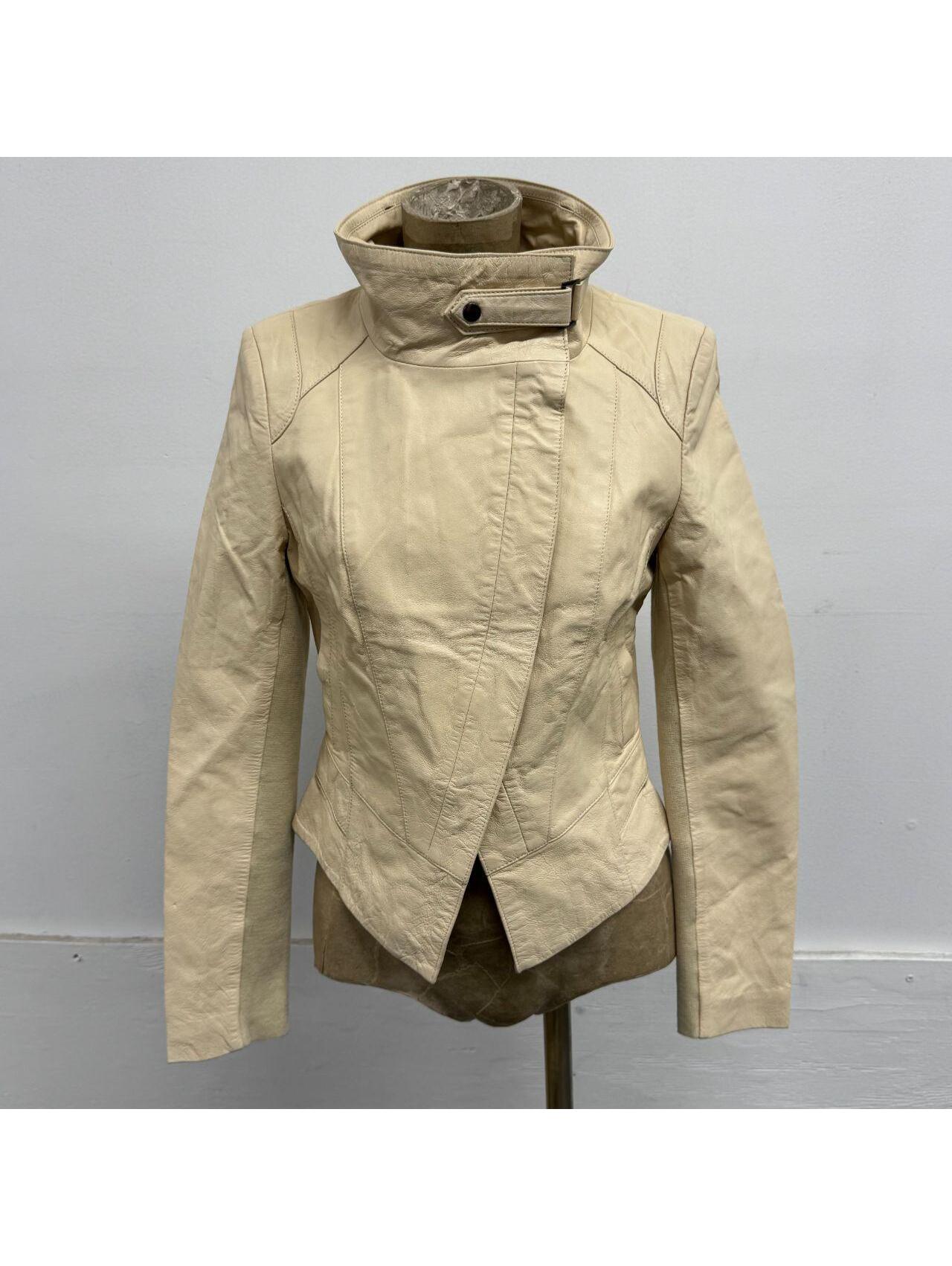 Vintage Cream Funnel Neck Asymmetric Avant Garde Leather Jacket